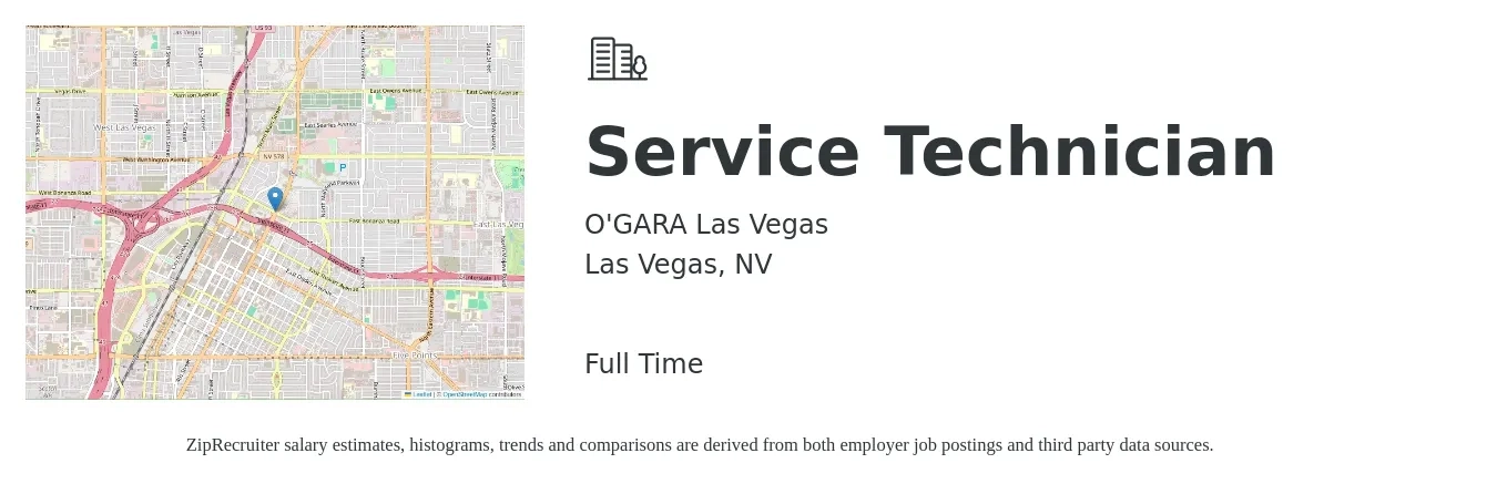 O'GARA Las Vegas job posting for a Service Technician in Las Vegas, NV with a salary of $19 to $26 Hourly with a map of Las Vegas location.