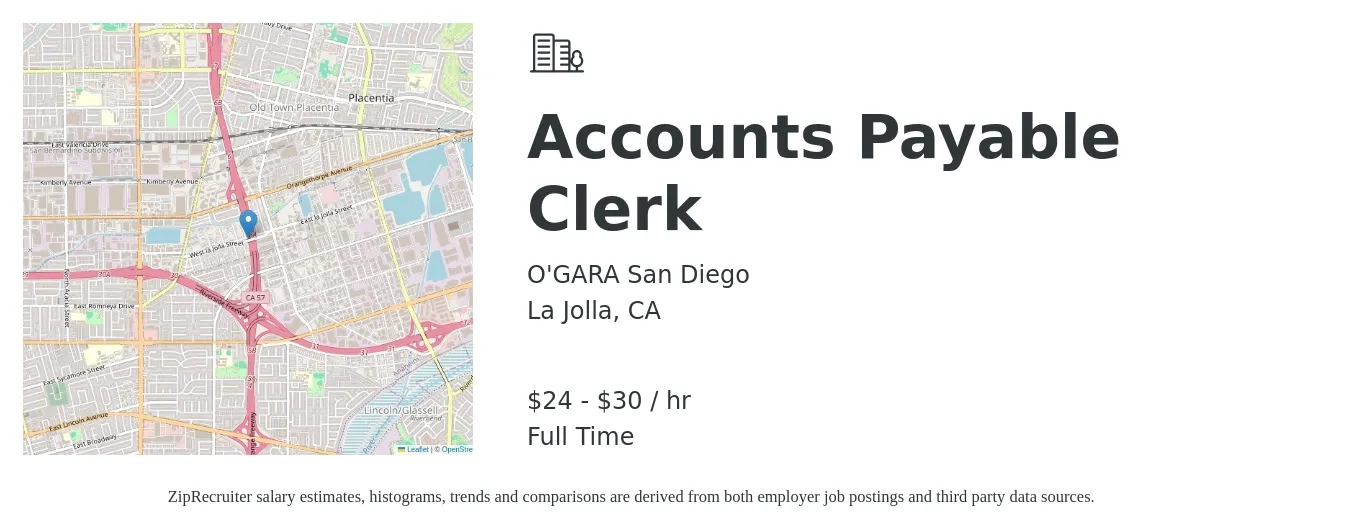 O'GARA San Diego job posting for a Accounts Payable Clerk in La Jolla, CA with a salary of $25 to $32 Hourly with a map of La Jolla location.