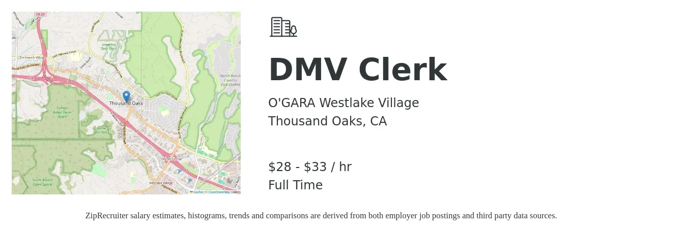 O'GARA Westlake Village job posting for a DMV Clerk in Thousand Oaks, CA with a salary of $30 to $35 Hourly with a map of Thousand Oaks location.