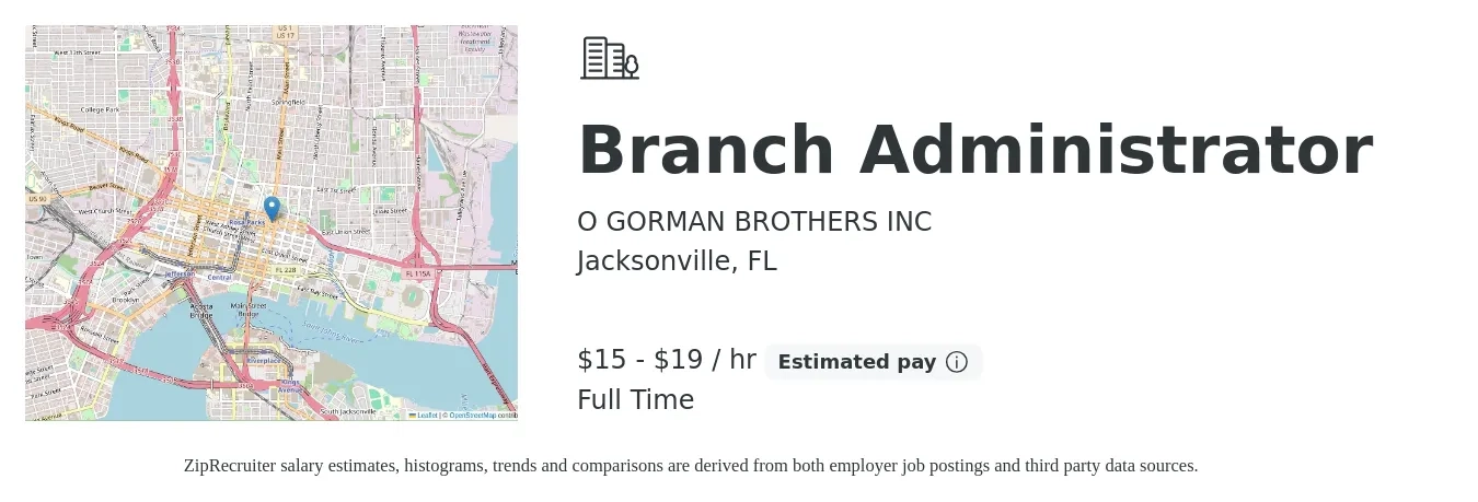 O GORMAN BROTHERS INC job posting for a Branch Administrator in Jacksonville, FL with a salary of $16 to $20 Hourly with a map of Jacksonville location.