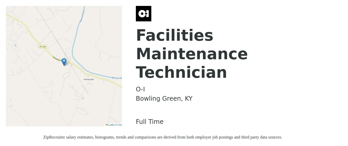 O-I job posting for a Facilities Maintenance Technician in Bowling Green, KY with a salary of $19 to $26 Hourly with a map of Bowling Green location.