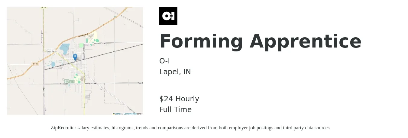 O-I job posting for a Forming Apprentice in Lapel, IN with a salary of $26 Hourly with a map of Lapel location.