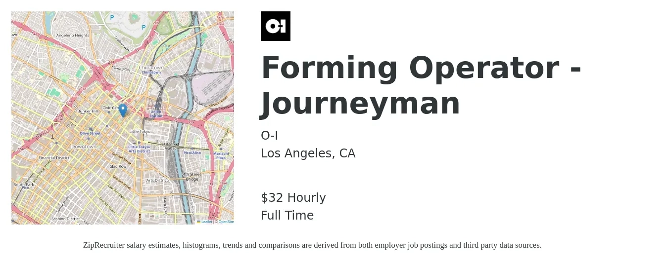 O-I job posting for a Forming Operator - Journeyman in Los Angeles, CA with a salary of $33 Hourly with a map of Los Angeles location.