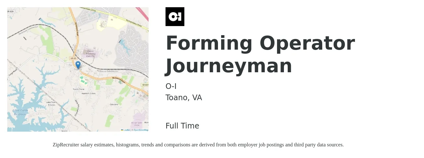 O-I job posting for a Forming Operator Journeyman in Toano, VA with a salary of $35 Hourly with a map of Toano location.