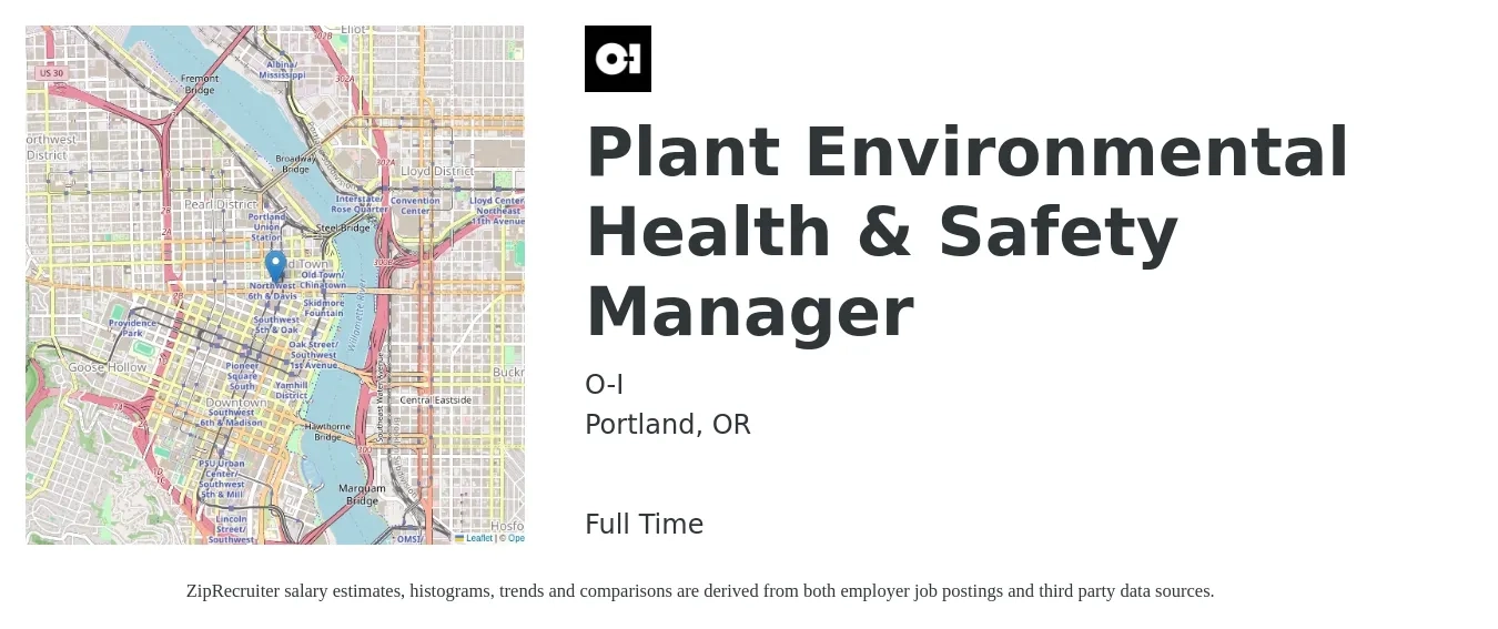 O-I job posting for a Plant Environmental Health & Safety Manager in Portland, OR with a salary of $88,000 to $119,300 Yearly with a map of Portland location.