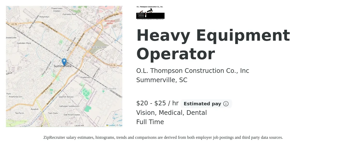 O.L. Thompson Construction Co., Inc job posting for a Heavy Equipment Operator in Summerville, SC with a salary of $21 to $26 Hourly and benefits including retirement, vision, dental, life_insurance, and medical with a map of Summerville location.