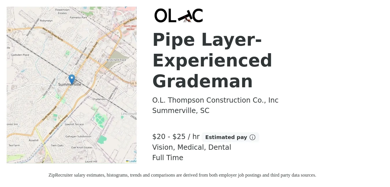 O.L. Thompson Construction Co., Inc job posting for a Pipe Layer- Experienced Grademan in Summerville, SC with a salary of $21 to $26 Hourly and benefits including dental, life_insurance, medical, retirement, and vision with a map of Summerville location.