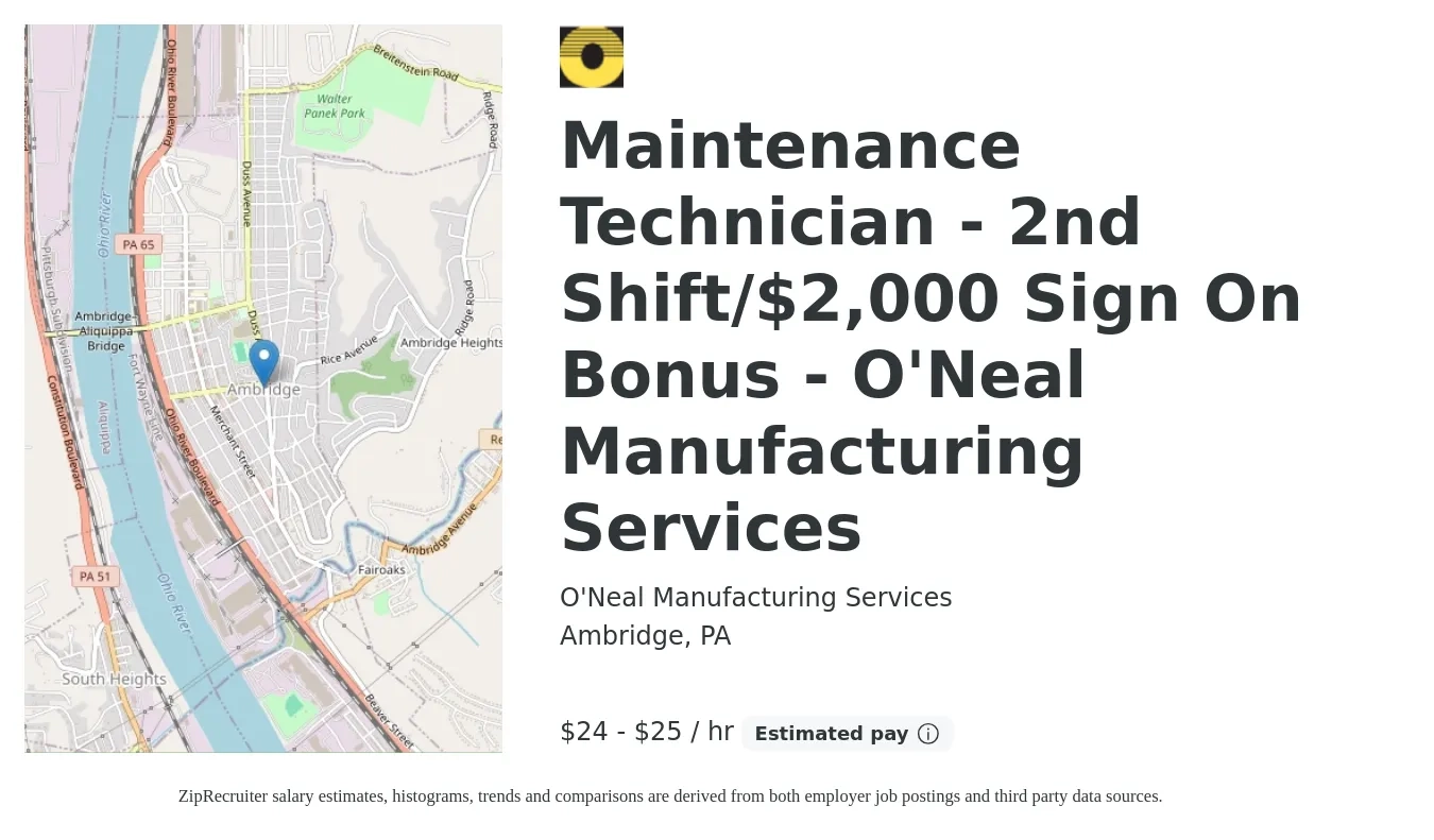 O'Neal Manufacturing Services (ONI Company) job posting for a Maintenance Technician - 2nd Shift/$2,000 Sign On Bonus - O'Neal Manufacturing Services in Ambridge, PA with a salary of $20 to $28 Hourly with a map of Ambridge location.