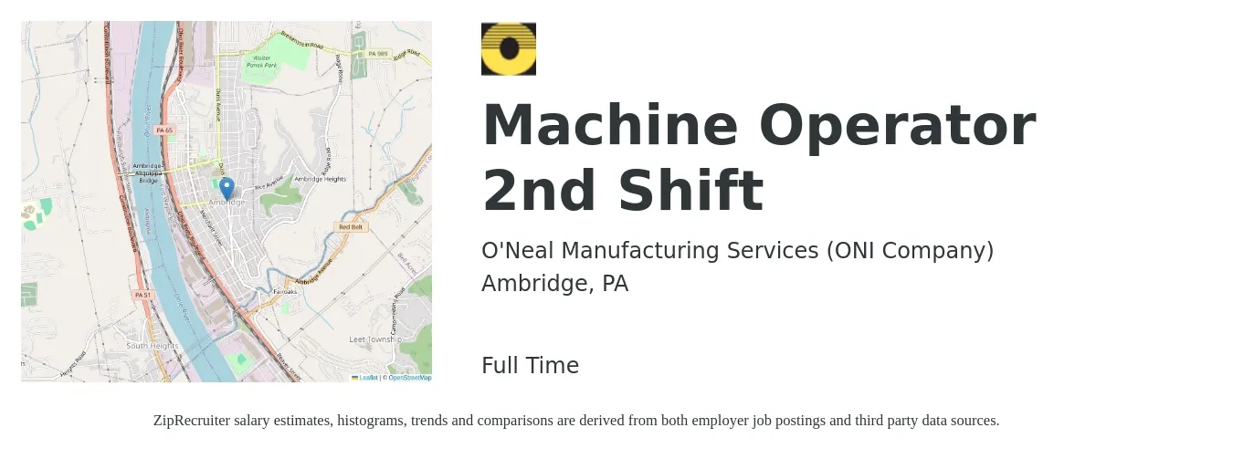 O'Neal Manufacturing Services (ONI Company) job posting for a Machine Operator 2nd Shift in Ambridge, PA with a salary of $18 to $20 Hourly with a map of Ambridge location.