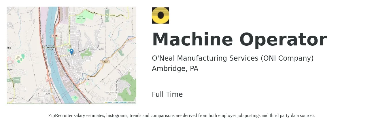O'Neal Manufacturing Services (ONI Company) job posting for a Machine Operator in Ambridge, PA with a salary of $18 to $20 Hourly with a map of Ambridge location.