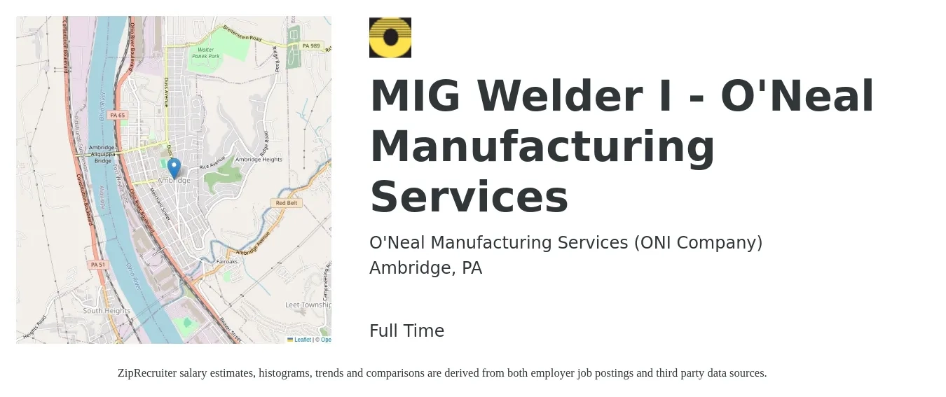 O'Neal Manufacturing Services (ONI Company) job posting for a MIG Welder I - O'Neal Manufacturing Services in Ambridge, PA with a salary of $18 to $20 Hourly with a map of Ambridge location.