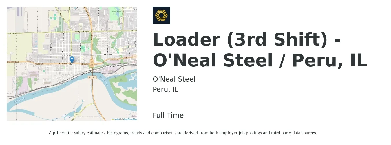 O'Neal Steel (ONI Company) job posting for a Loader (3rd Shift) - O'Neal Steel / Peru, IL in Peru, IL with a salary of $20 Hourly with a map of Peru location.