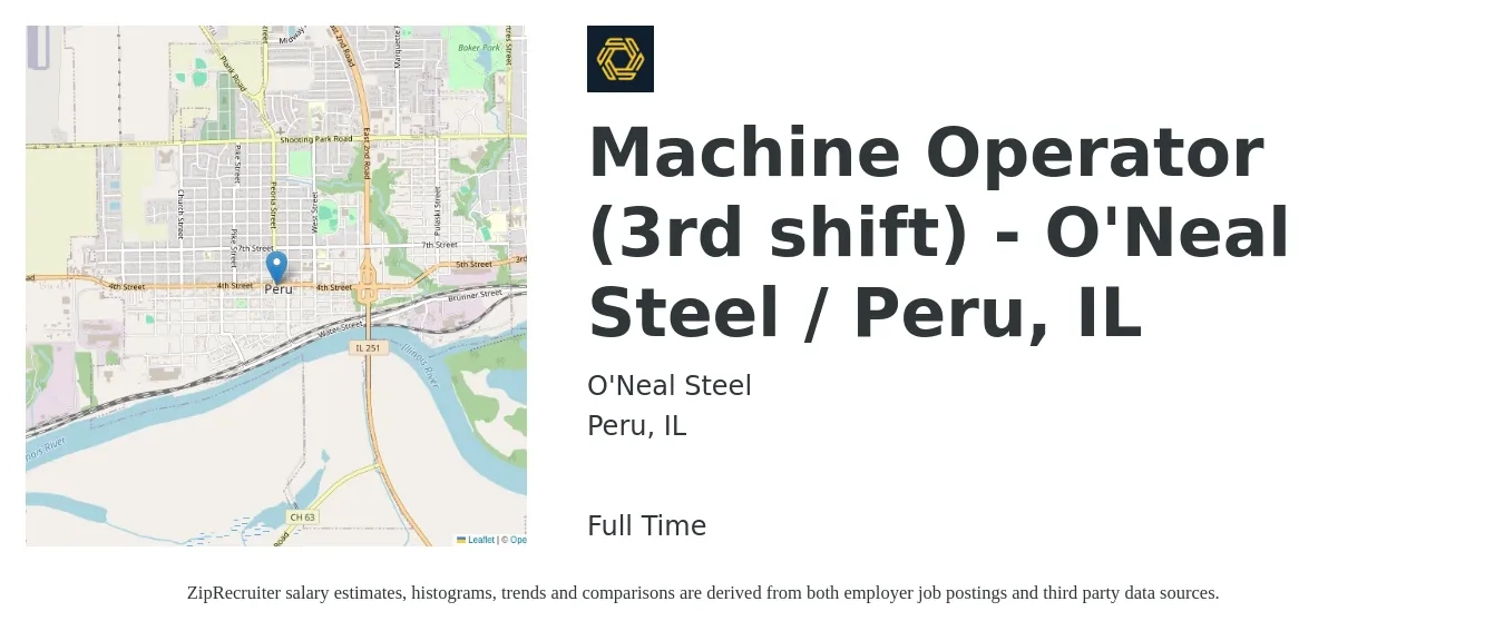 O'Neal Steel (ONI Company) job posting for a Machine Operator (3rd shift) - O'Neal Steel / Peru, IL in Peru, IL with a salary of $20 Hourly with a map of Peru location.