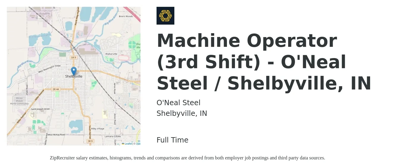 O'Neal Steel (ONI Company) job posting for a Machine Operator (3rd Shift) - O'Neal Steel / Shelbyville, IN in Shelbyville, IN with a salary of $20 Hourly with a map of Shelbyville location.