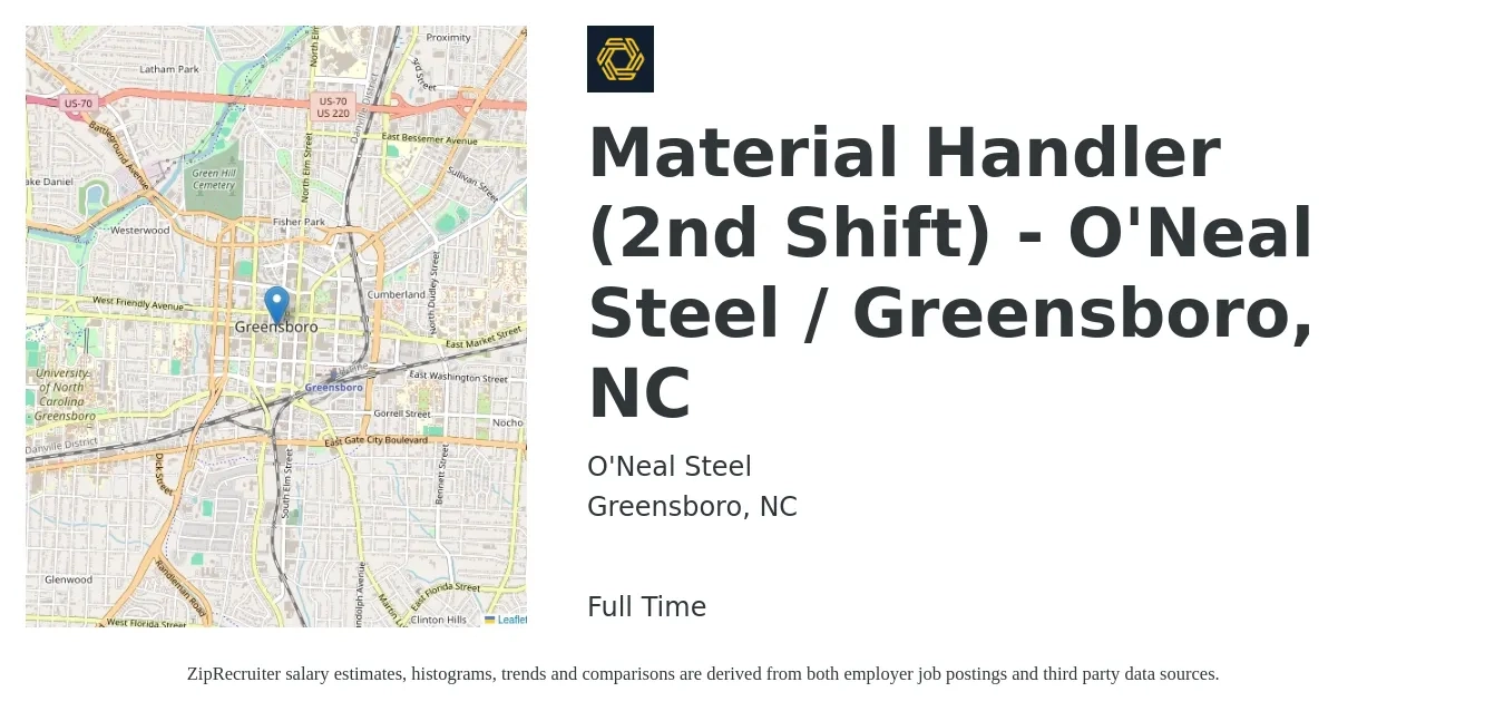 O'Neal Steel (ONI Company) job posting for a Material Handler (2nd Shift) - O'Neal Steel / Greensboro, NC in Greensboro, NC with a salary of $18 to $24 Hourly with a map of Greensboro location.
