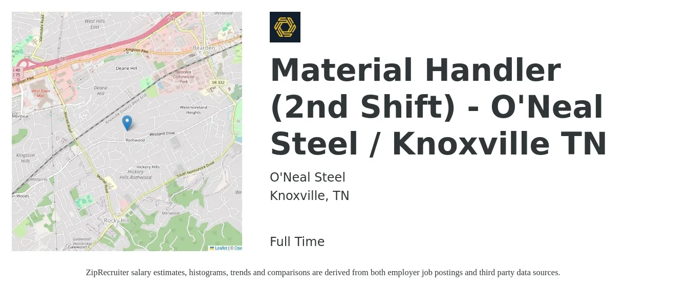 O'Neal Steel (ONI Company) job posting for a Material Handler (2nd Shift) - O'Neal Steel / Knoxville TN in Knoxville, TN with a salary of $18 to $24 Hourly with a map of Knoxville location.