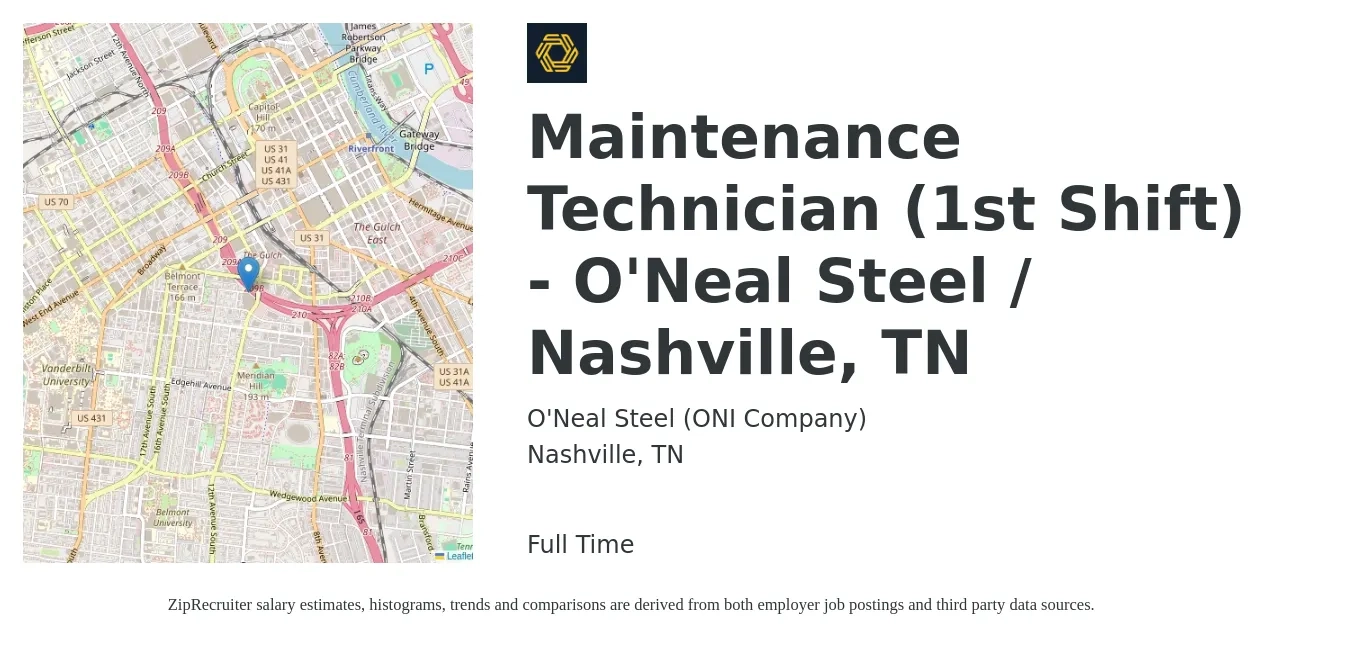 O'Neal Steel (ONI Company) job posting for a Maintenance Technician (1st Shift) - O'Neal Steel / Nashville, TN in Nashville, TN with a salary of $20 to $29 Hourly with a map of Nashville location.