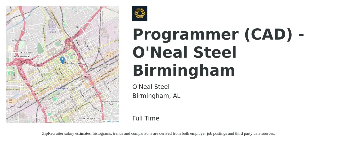 O'Neal Steel (ONI Company) job posting for a Programmer (CAD) - O'Neal Steel Birmingham in Birmingham, AL with a salary of $25 to $34 Hourly with a map of Birmingham location.