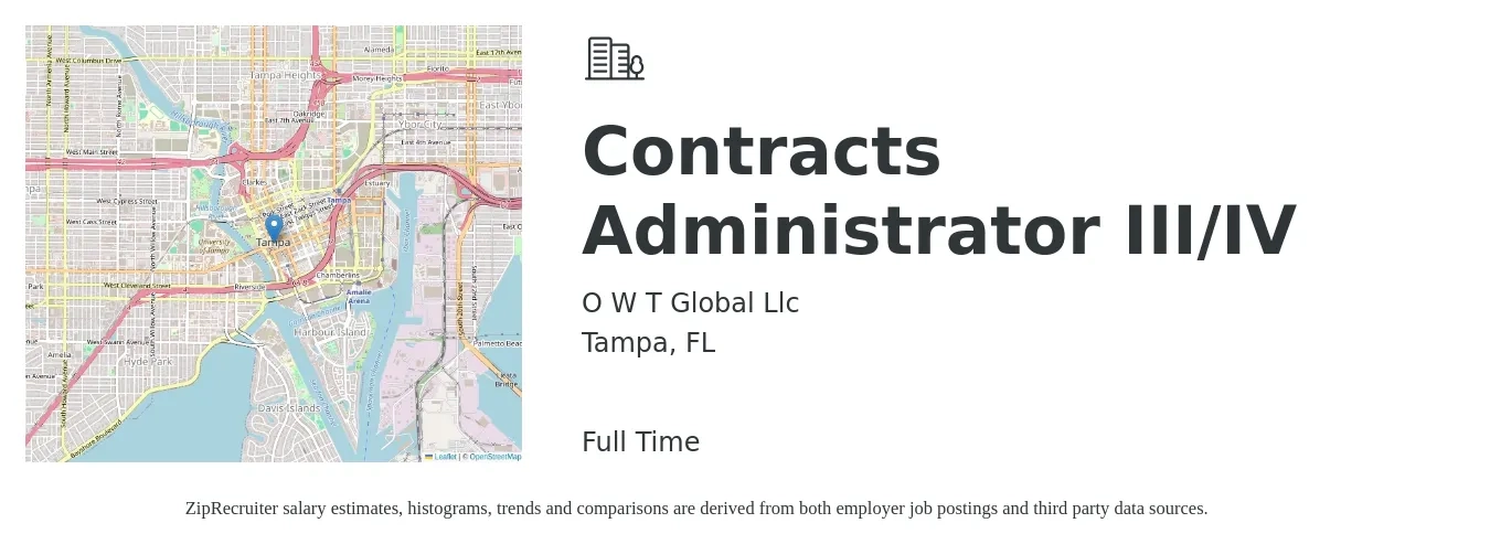 O W T Global Llc job posting for a Contracts Administrator III/IV in Tampa, FL with a salary of $53,900 to $83,200 Yearly with a map of Tampa location.