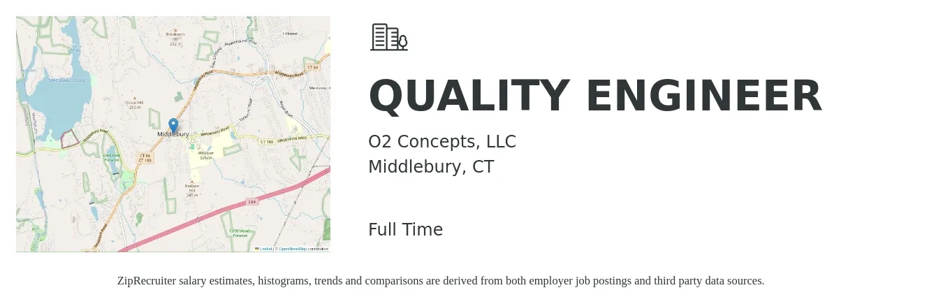 O2 Concepts, LLC job posting for a QUALITY ENGINEER in Middlebury, CT with a salary of $71,600 to $92,500 Yearly with a map of Middlebury location.