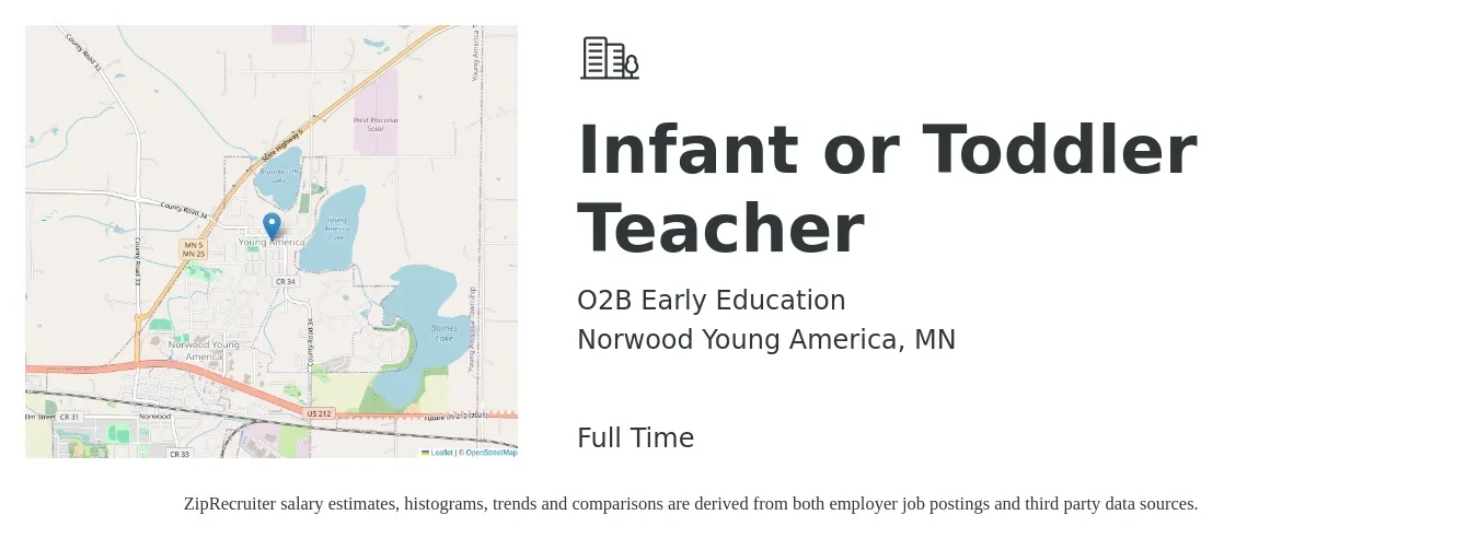 O2B Early Education job posting for a Infant or Toddler Teacher in Norwood Young America, MN with a salary of $16 to $21 Hourly with a map of Norwood Young America location.
