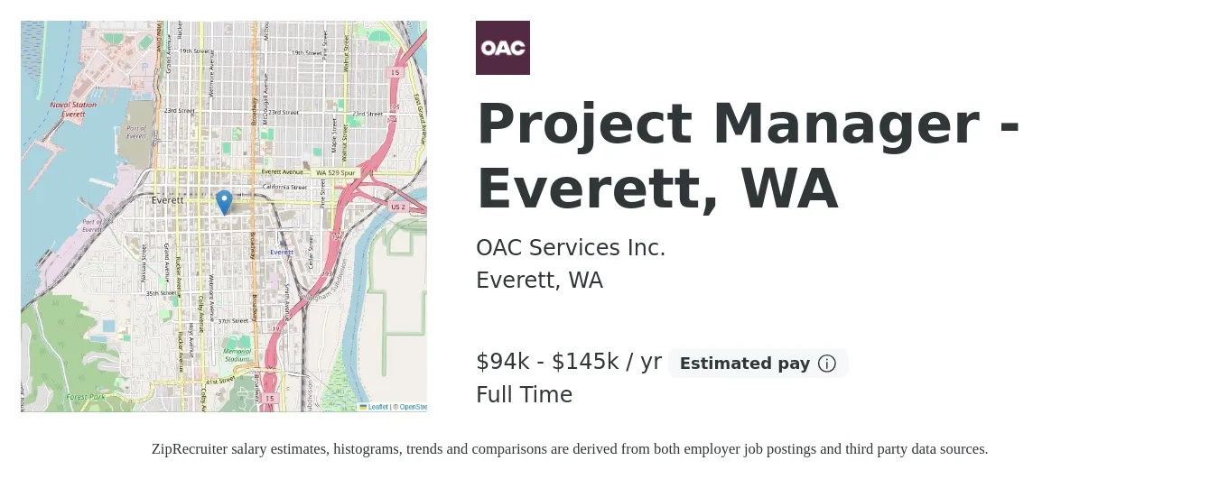 OAC Services Inc. job posting for a Project Manager - Everett, WA in Everett, WA with a salary of $94,000 to $145,000 Yearly with a map of Everett location.