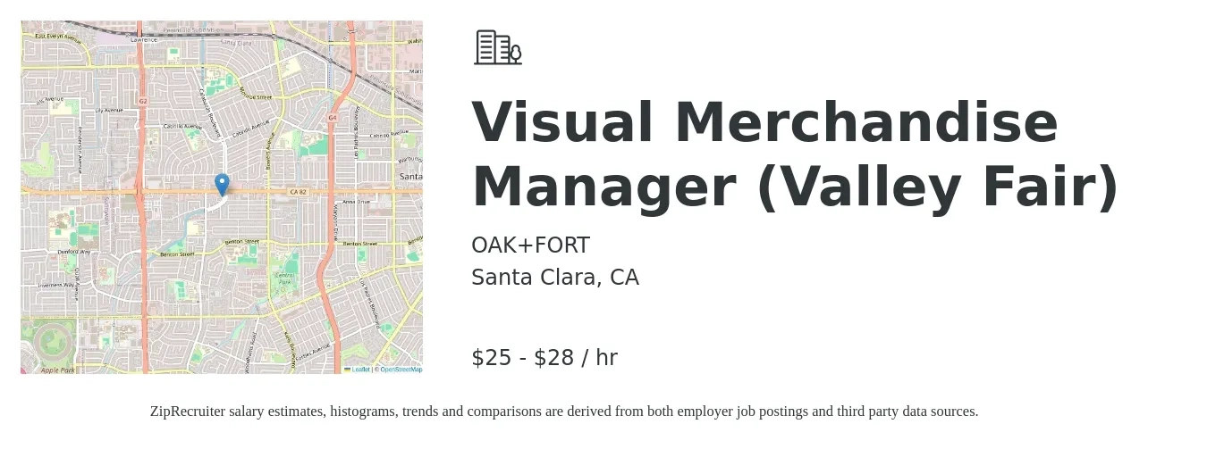OAK+FORT job posting for a Visual Merchandise Manager (Valley Fair) in Santa Clara, CA with a salary of $26 to $30 Hourly with a map of Santa Clara location.