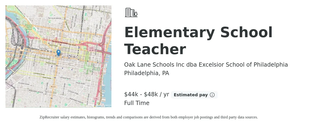 Oak Lane Schools Inc dba Excelsior School of Philadelphia job posting for a Elementary School Teacher in Philadelphia, PA with a salary of $44,000 to $48,000 Yearly with a map of Philadelphia location.