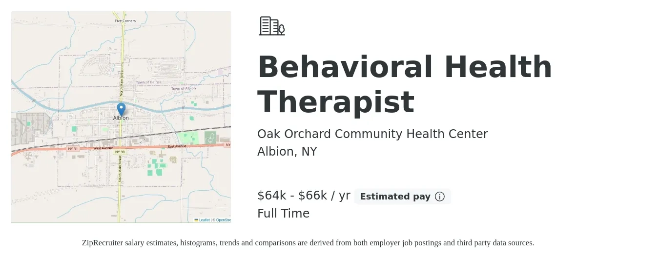 Oak Orchard Community Health Center job posting for a Behavioral Health Therapist in Albion, NY with a salary of $64,000 to $66,000 Yearly with a map of Albion location.