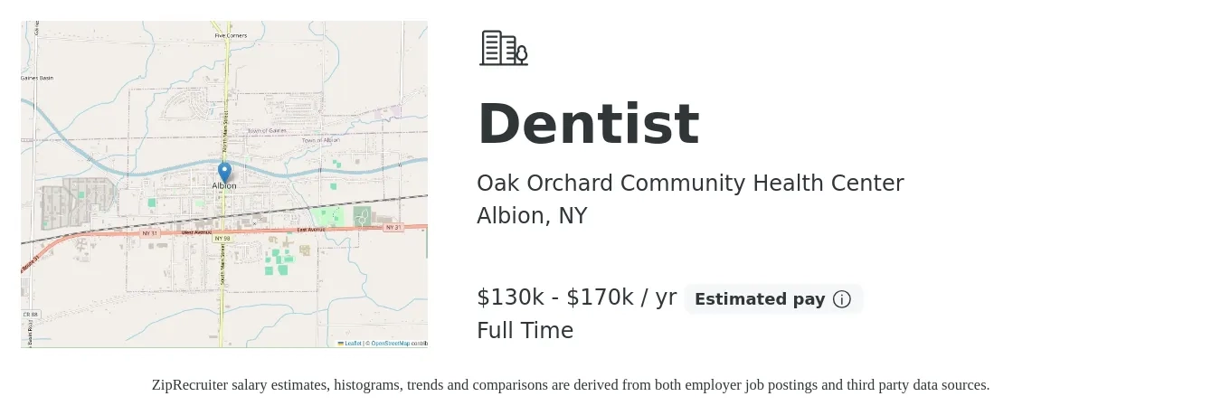 Oak Orchard Community Health Center job posting for a Dentist in Albion, NY with a salary of $130,000 to $170,000 Yearly with a map of Albion location.