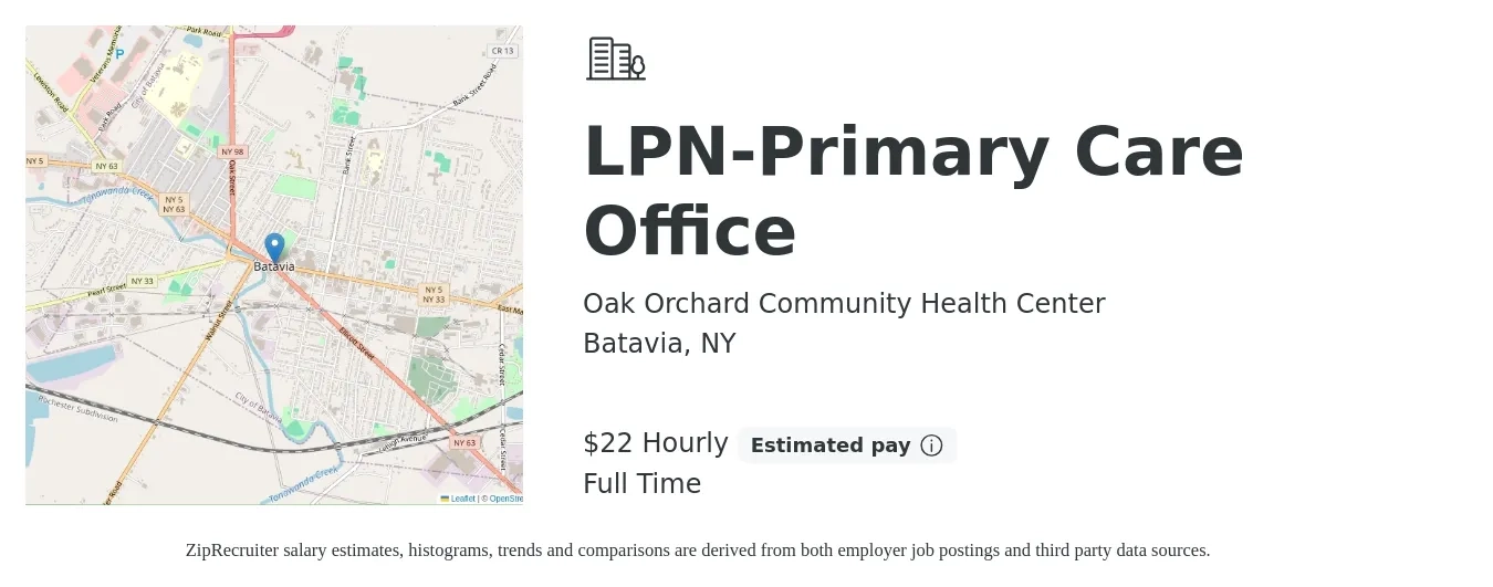 Oak Orchard Community Health Center job posting for a LPN-Primary Care Office in Batavia, NY with a salary of $23 to $26 Hourly with a map of Batavia location.