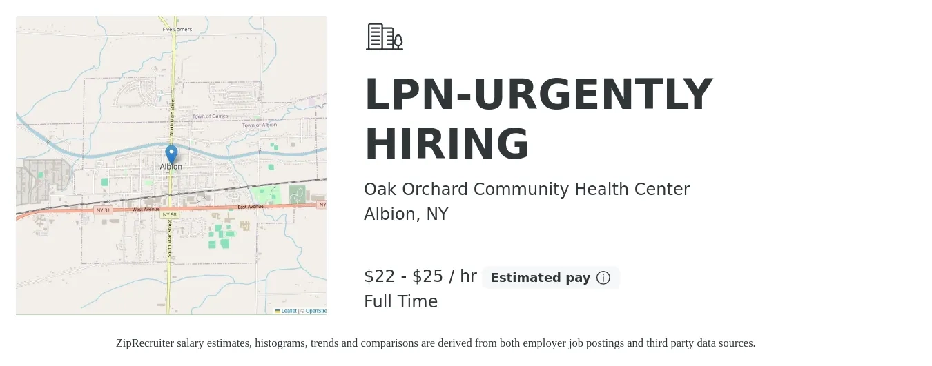 Oak Orchard Community Health Center job posting for a LPN-URGENTLY HIRING in Albion, NY with a salary of $23 to $26 Hourly with a map of Albion location.