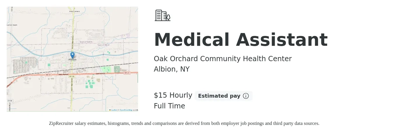 Oak Orchard Community Health Center job posting for a Medical Assistant in Albion, NY with a salary of $16 to $16 Hourly with a map of Albion location.