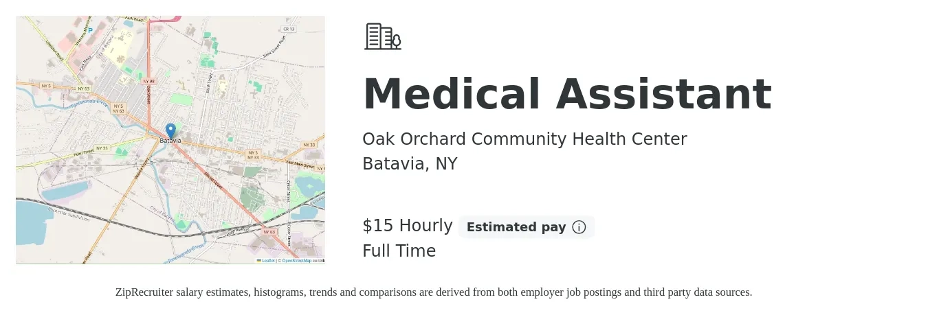 Oak Orchard Community Health Center job posting for a Medical Assistant in Batavia, NY with a salary of $16 to $16 Hourly with a map of Batavia location.