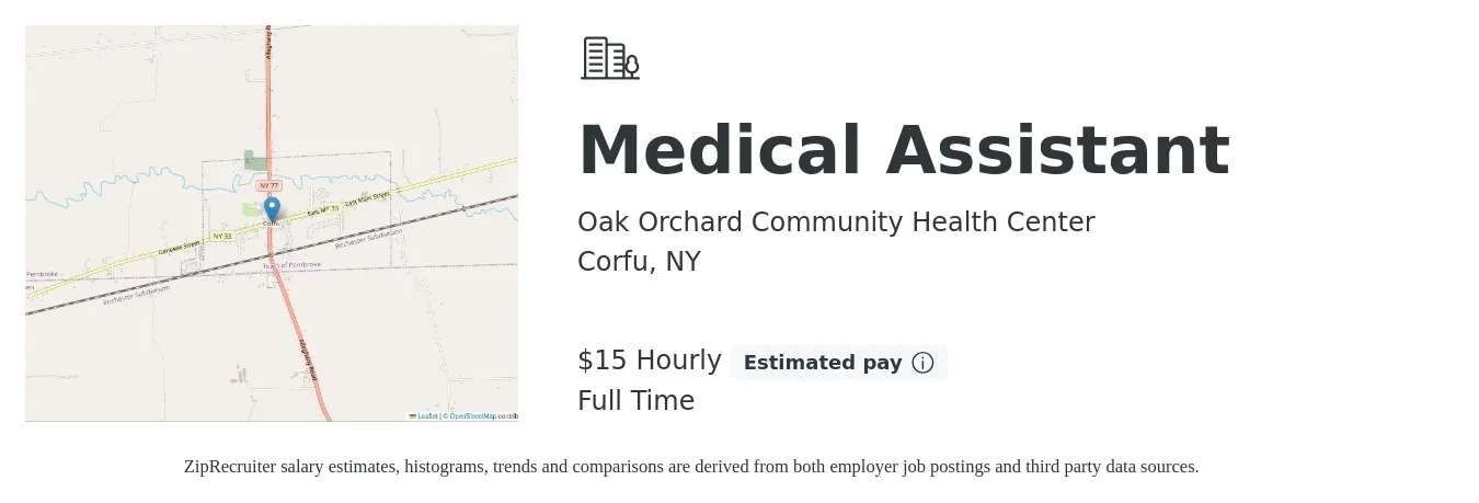 Oak Orchard Community Health Center job posting for a Medical Assistant in Corfu, NY with a salary of $16 to $16 Hourly with a map of Corfu location.