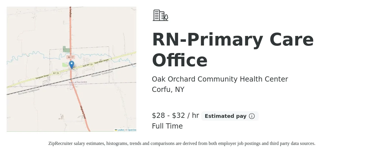 Oak Orchard Community Health Center job posting for a RN-Primary Care Office in Corfu, NY with a salary of $30 to $34 Hourly with a map of Corfu location.