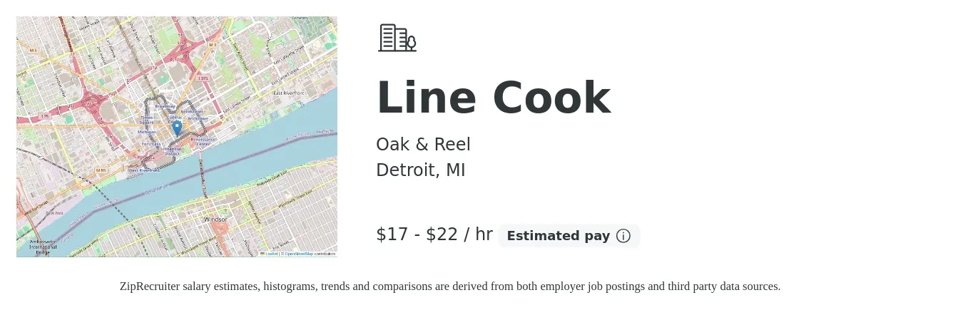 Oak & Reel job posting for a Line Cook in Detroit, MI with a salary of $18 to $23 Hourly with a map of Detroit location.