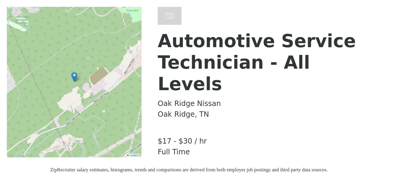 Oak Ridge Nissan job posting for a Automotive Service Technician - All Levels in Oak Ridge, TN with a salary of $18 to $32 Hourly with a map of Oak Ridge location.