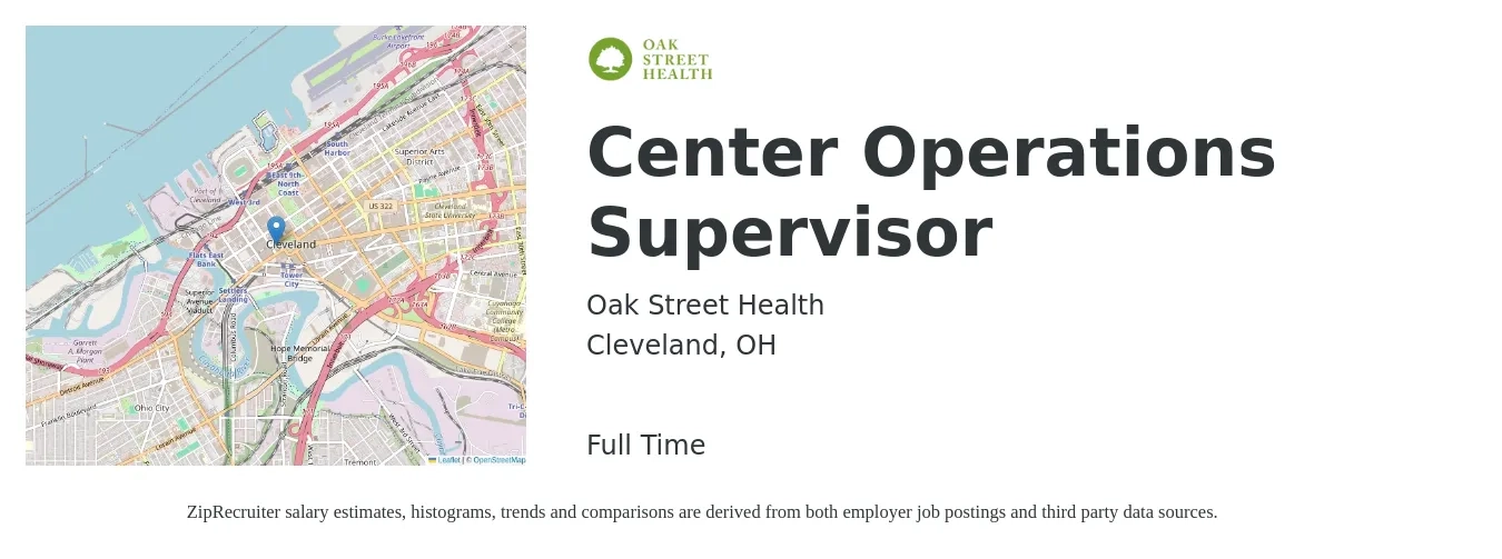 Oak Street Health job posting for a Center Operations Supervisor in Cleveland, OH with a salary of $50,900 to $88,300 Yearly with a map of Cleveland location.