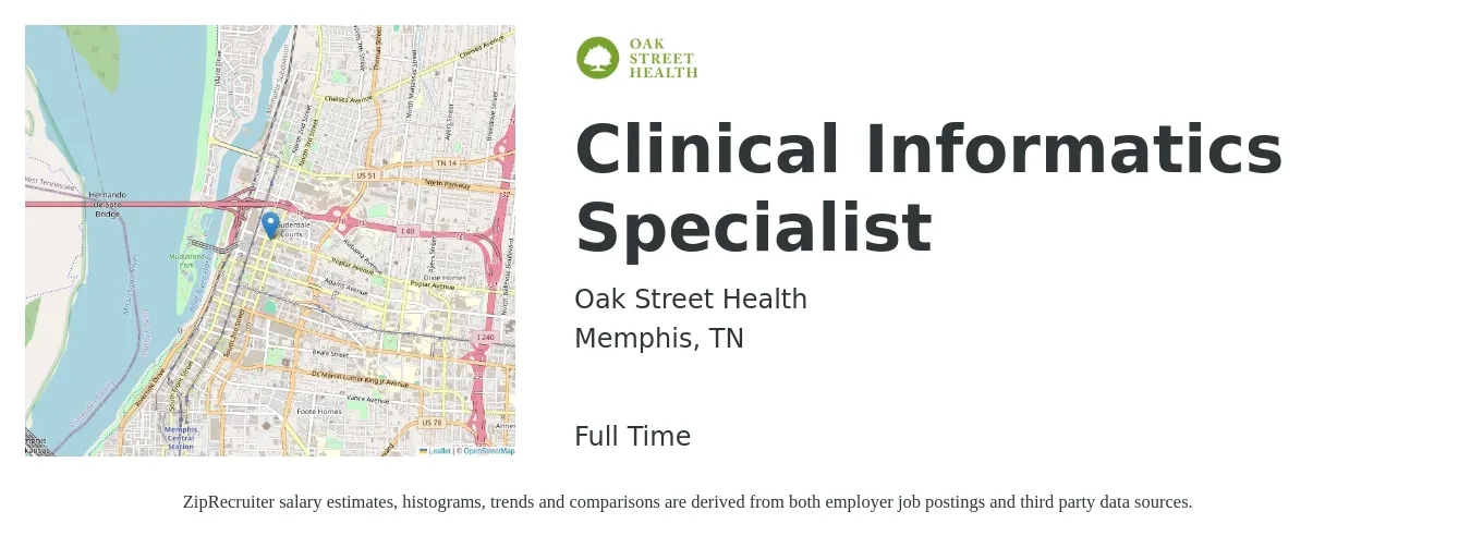 Oak Street Health job posting for a Clinical Informatics Specialist in Memphis, TN with a salary of $72,900 to $112,200 Yearly with a map of Memphis location.