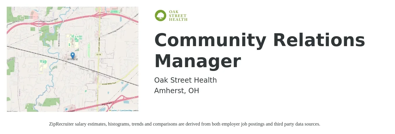 Oak Street Health job posting for a Community Relations Manager in Amherst, OH with a salary of $120,800 Yearly with a map of Amherst location.