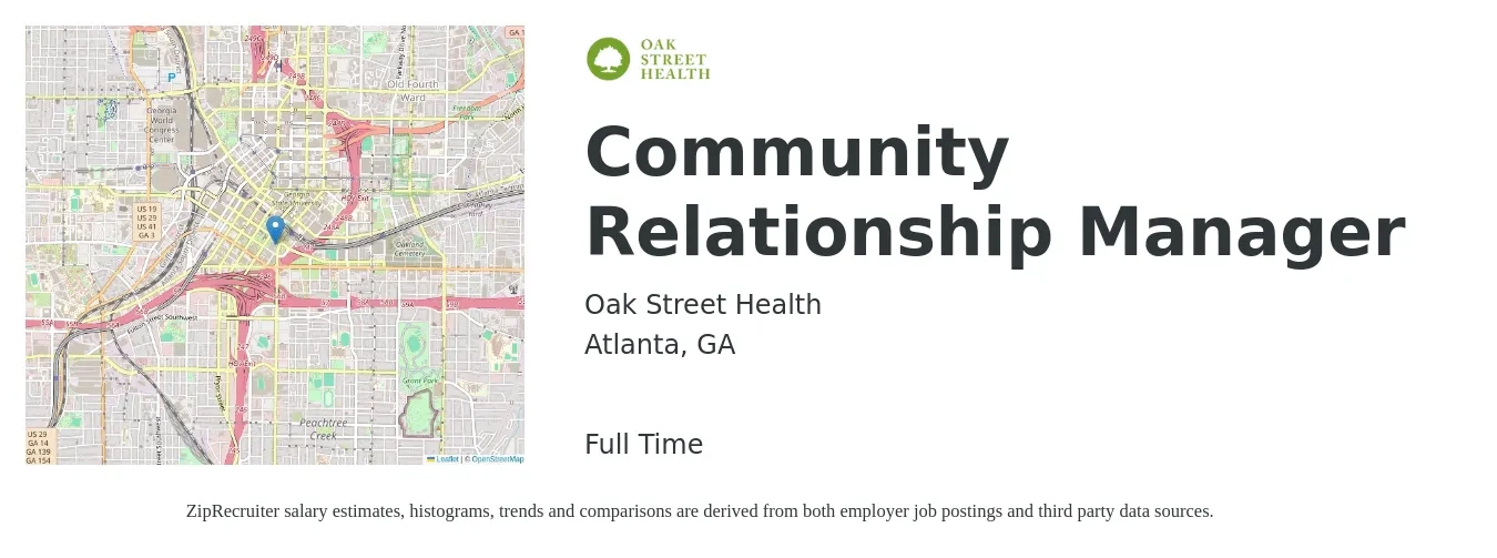 Oak Street Health job posting for a Community Relationship Manager in Atlanta, GA with a salary of $48,600 to $101,500 Yearly with a map of Atlanta location.