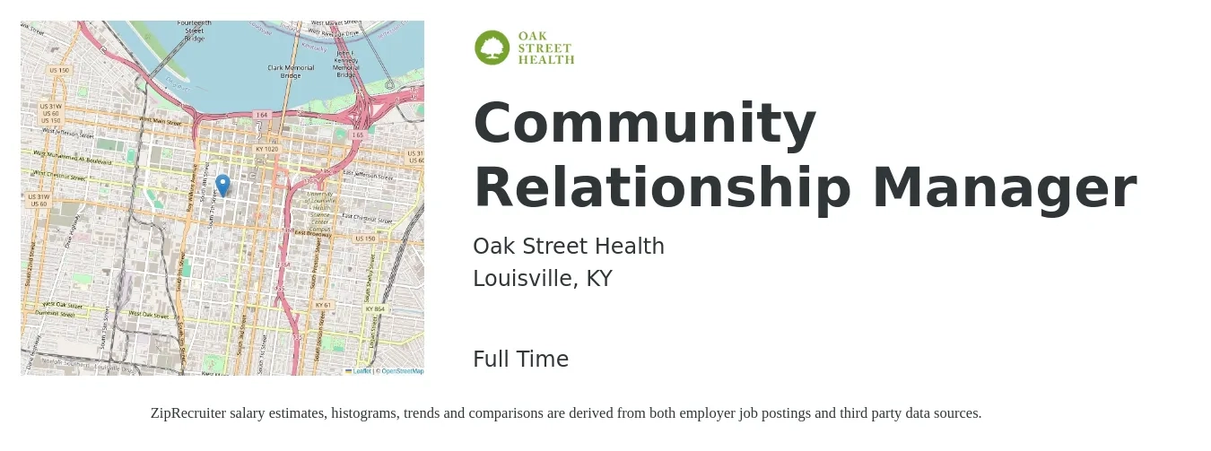 Oak Street Health job posting for a Community Relationship Manager in Louisville, KY with a salary of $48,500 to $101,400 Yearly with a map of Louisville location.