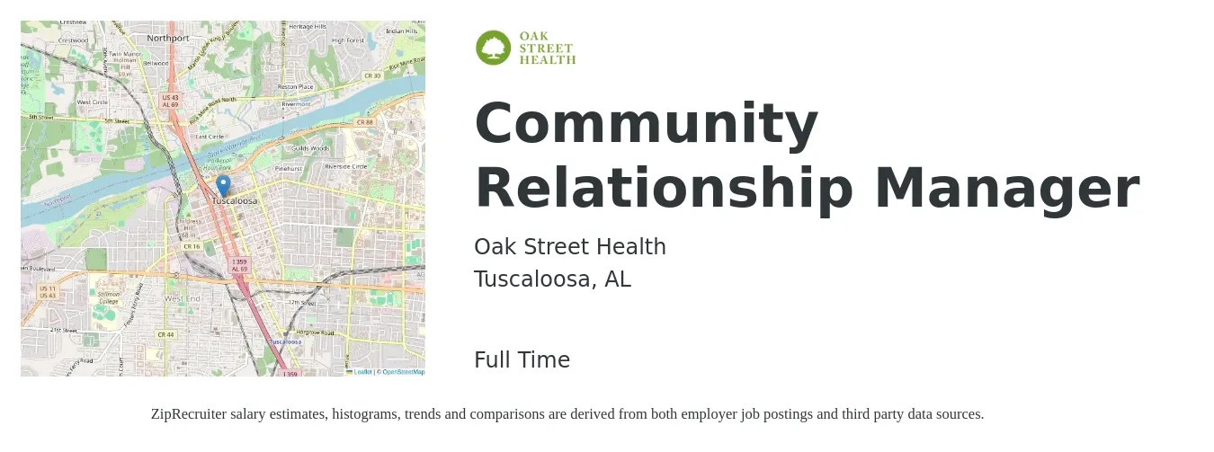 Oak Street Health job posting for a Community Relationship Manager in Tuscaloosa, AL with a salary of $45,200 to $94,500 Yearly with a map of Tuscaloosa location.