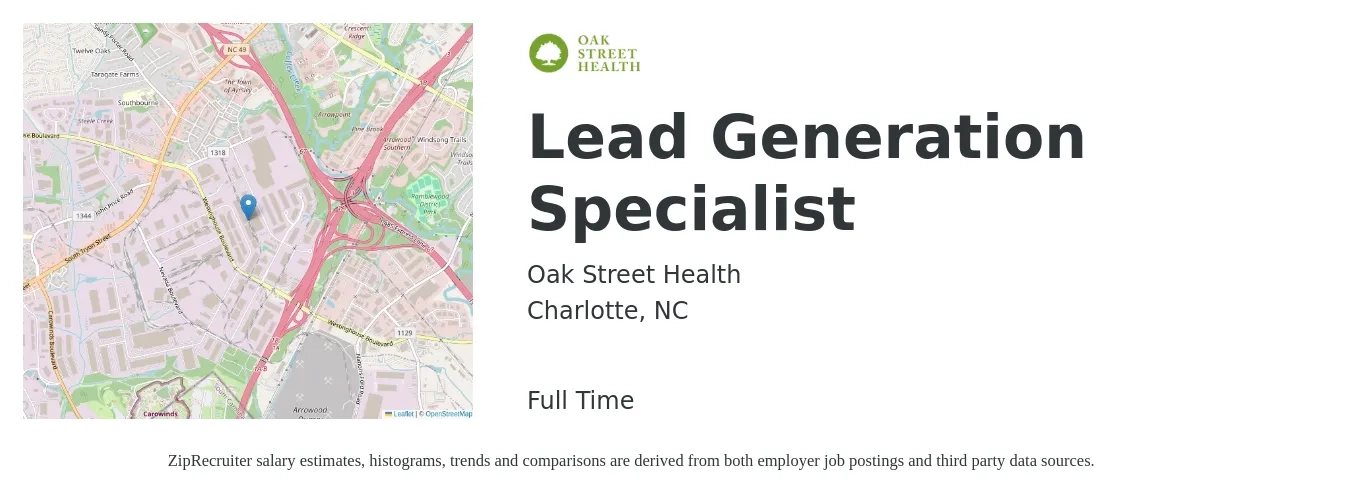 Oak Street Health job posting for a Lead Generation Specialist in Charlotte, NC with a salary of $38,100 to $81,100 Yearly with a map of Charlotte location.