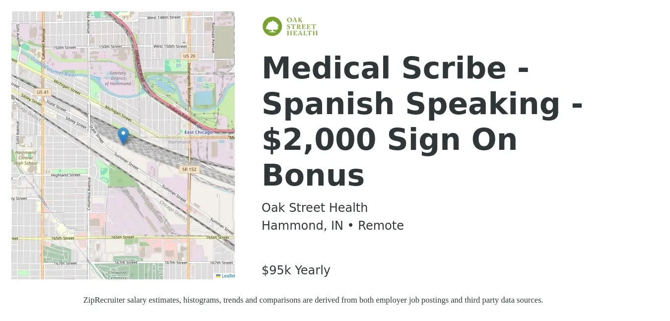 Oak Street Health job posting for a Medical Scribe - Spanish Speaking - $2,000 Sign On Bonus in Hammond, IN with a salary of $18 Hourly with a map of Hammond location.