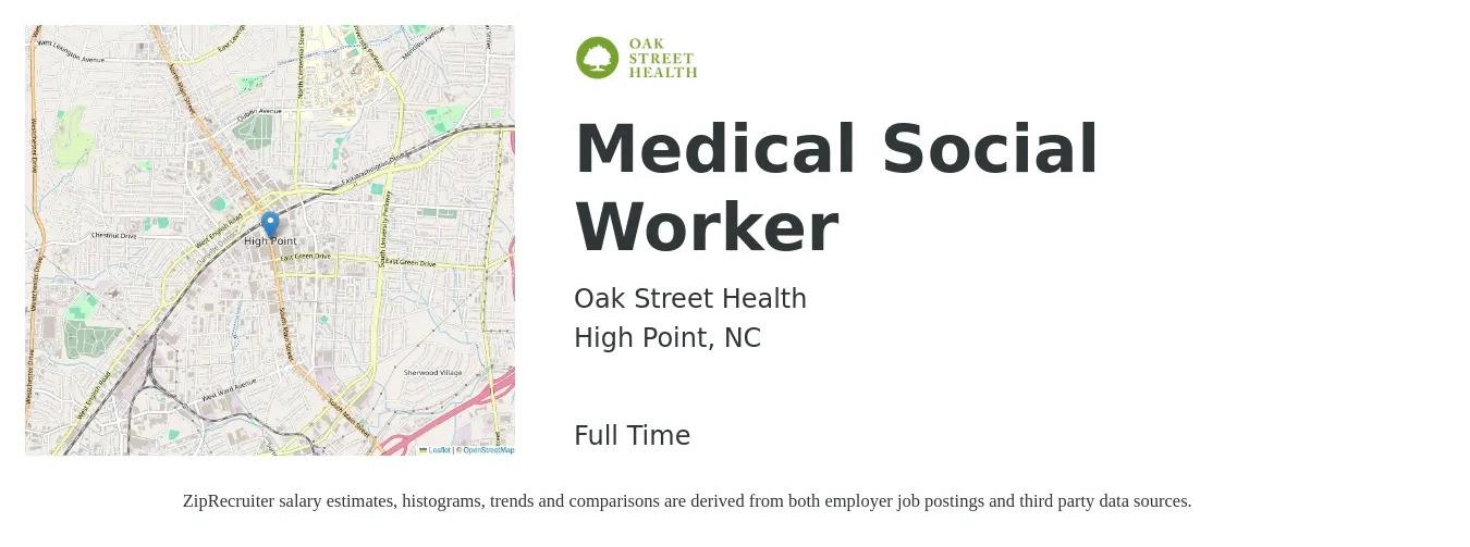 Oak Street Health job posting for a Medical Social Worker in High Point, NC with a salary of $47,390 to $77,465 Yearly with a map of High Point location.