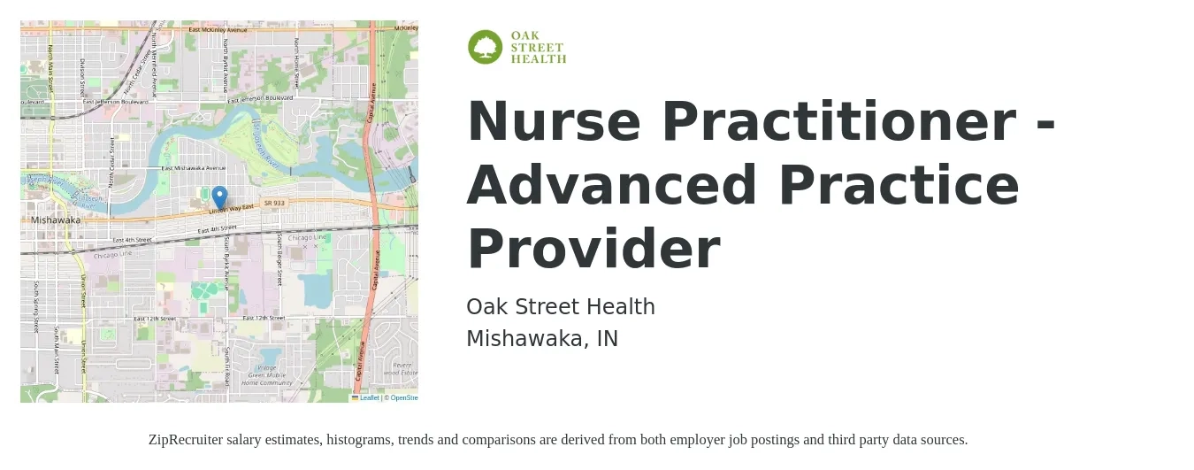 Oak Street Health job posting for a Nurse Practitioner - Advanced Practice Provider in Mishawaka, IN with a salary of $99,100 to $137,600 Yearly with a map of Mishawaka location.