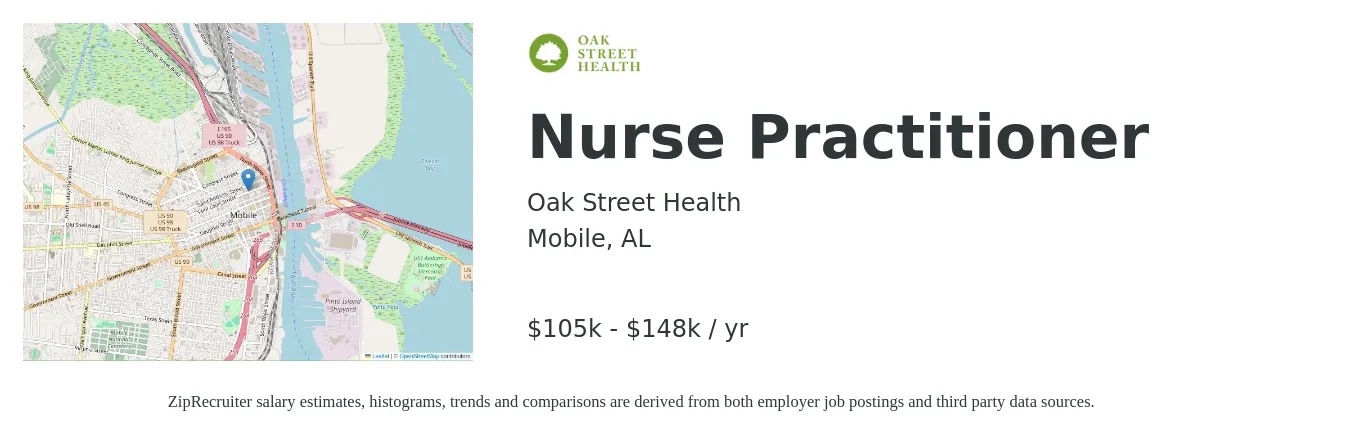 Oak Street Health job posting for a Nurse Practitioner in Mobile, AL with a salary of $105,000 to $148,500 Yearly with a map of Mobile location.