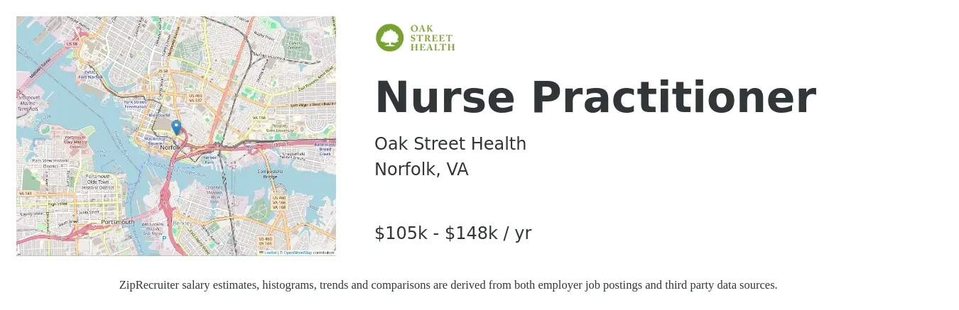 Oak Street Health job posting for a Nurse Practitioner in Norfolk, VA with a salary of $105,000 to $148,500 Yearly with a map of Norfolk location.
